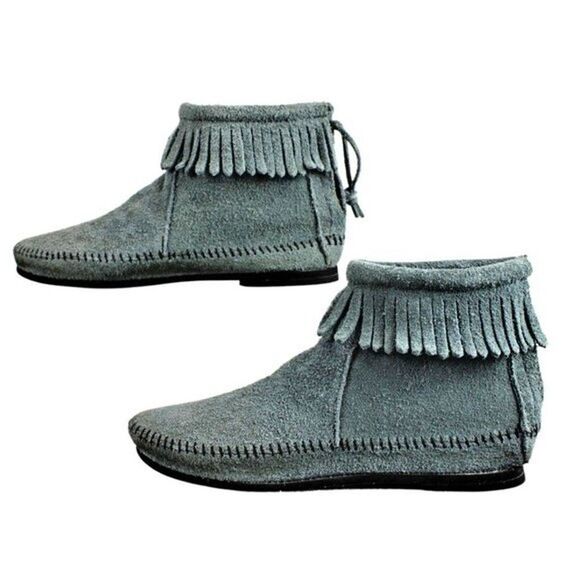 Leather Moccasin Bootie Fringe Ankle Zip Back Soft Rubber Sole Blue Gray Size 6 - Picture 6 of 10